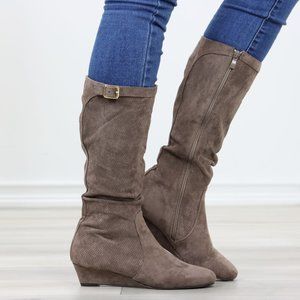 Taupe Faux Suede Round Toe Low Kitten Wedge Heel Mid Calf Boots